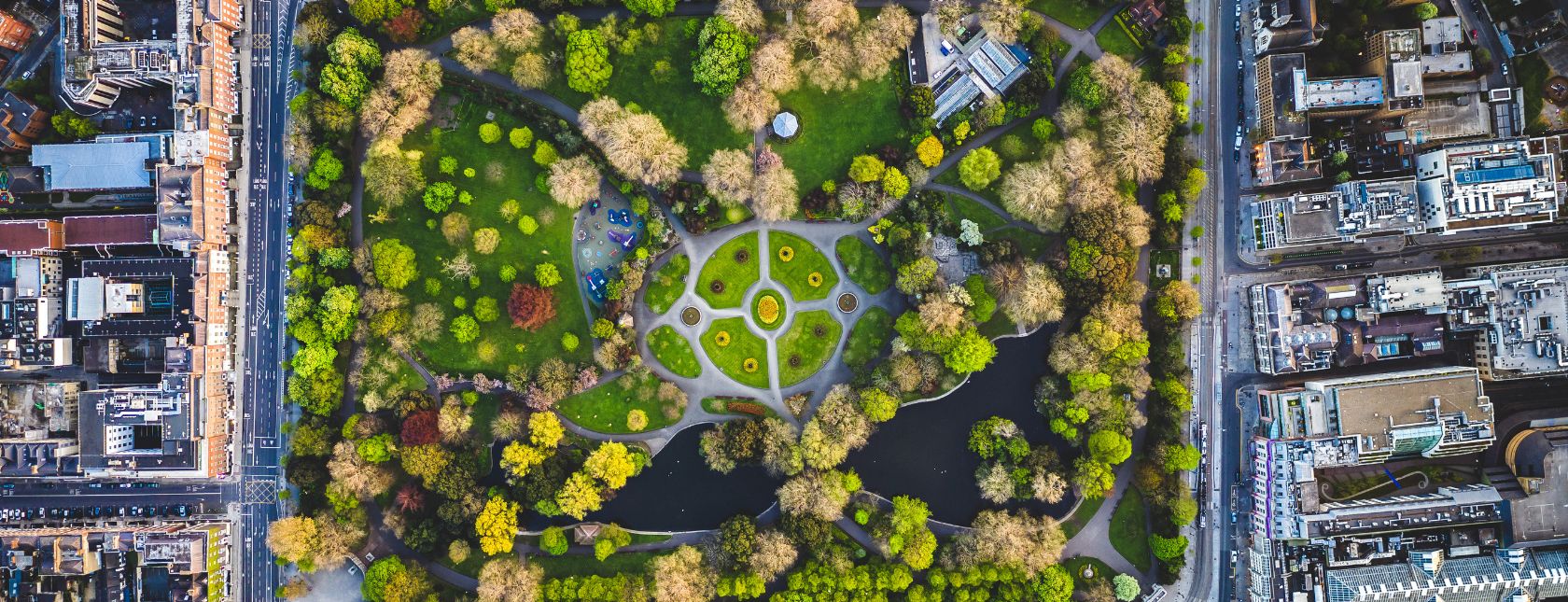 Aerial view of green park in dublin